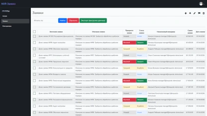 Подпись к экрану: таблица заявок; цветовые метки приоритета и статуса; колонка ответственного.