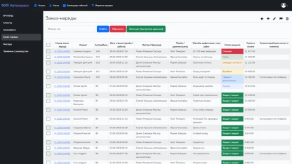 Таблица заказ-нарядов: номер, клиент, авто, дата, статус, сума, ответственные. Фильтры и цвета статусов для быстрый ориентации.